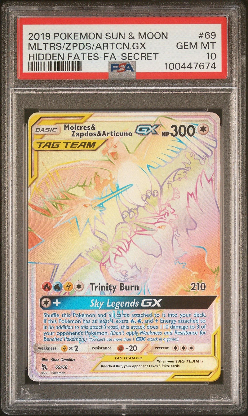 2019 Pokemon Sun & Moon Hidden Fates 69 Full Art/moltres & Zapdos & Articuno Gx Secret PSA