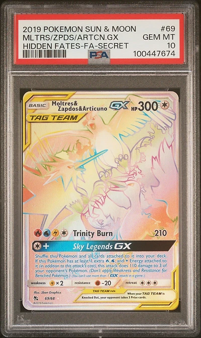 2019 Pokemon Sun & Moon Hidden Fates 69 Full Art/moltres & Zapdos & Articuno Gx Secret PSA