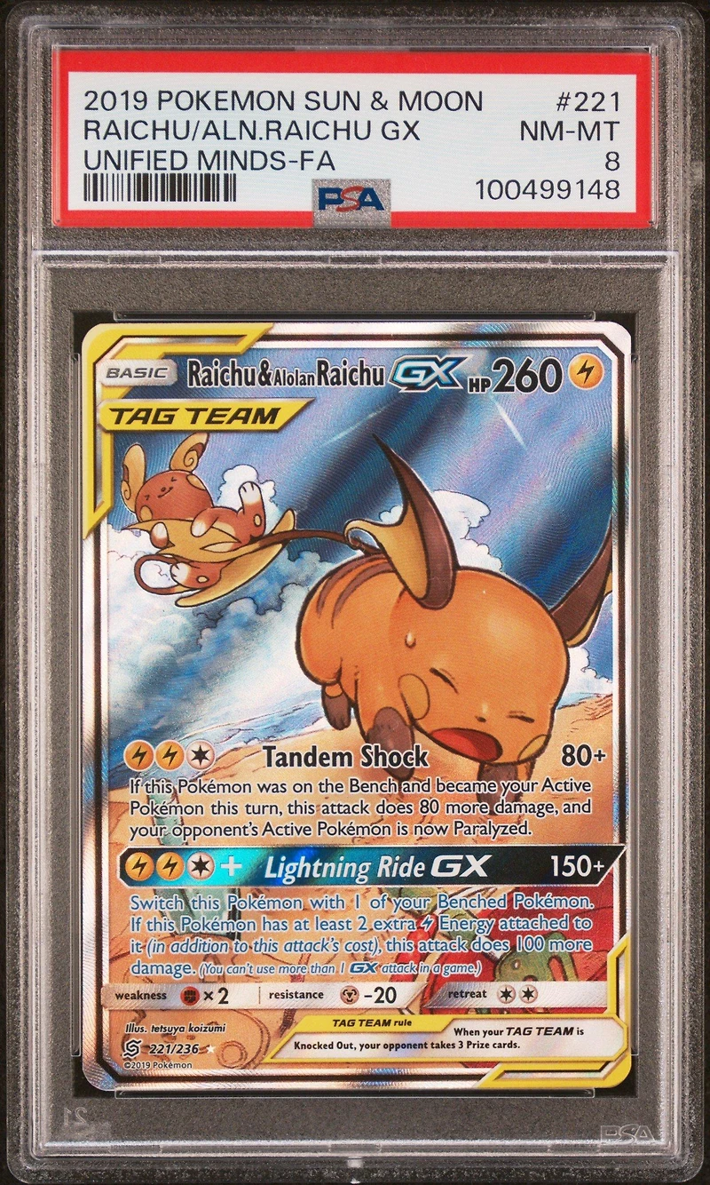 2019 Pokemon Sun & Moon Unified Minds Full Art/raichu & Alolan Raichu Gx PSA
