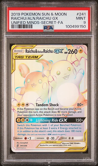 2019 Pokemon Sun & Moon Unified Minds 241 Full Art/raichu & Alolan Raichu Gx Secret PSA
