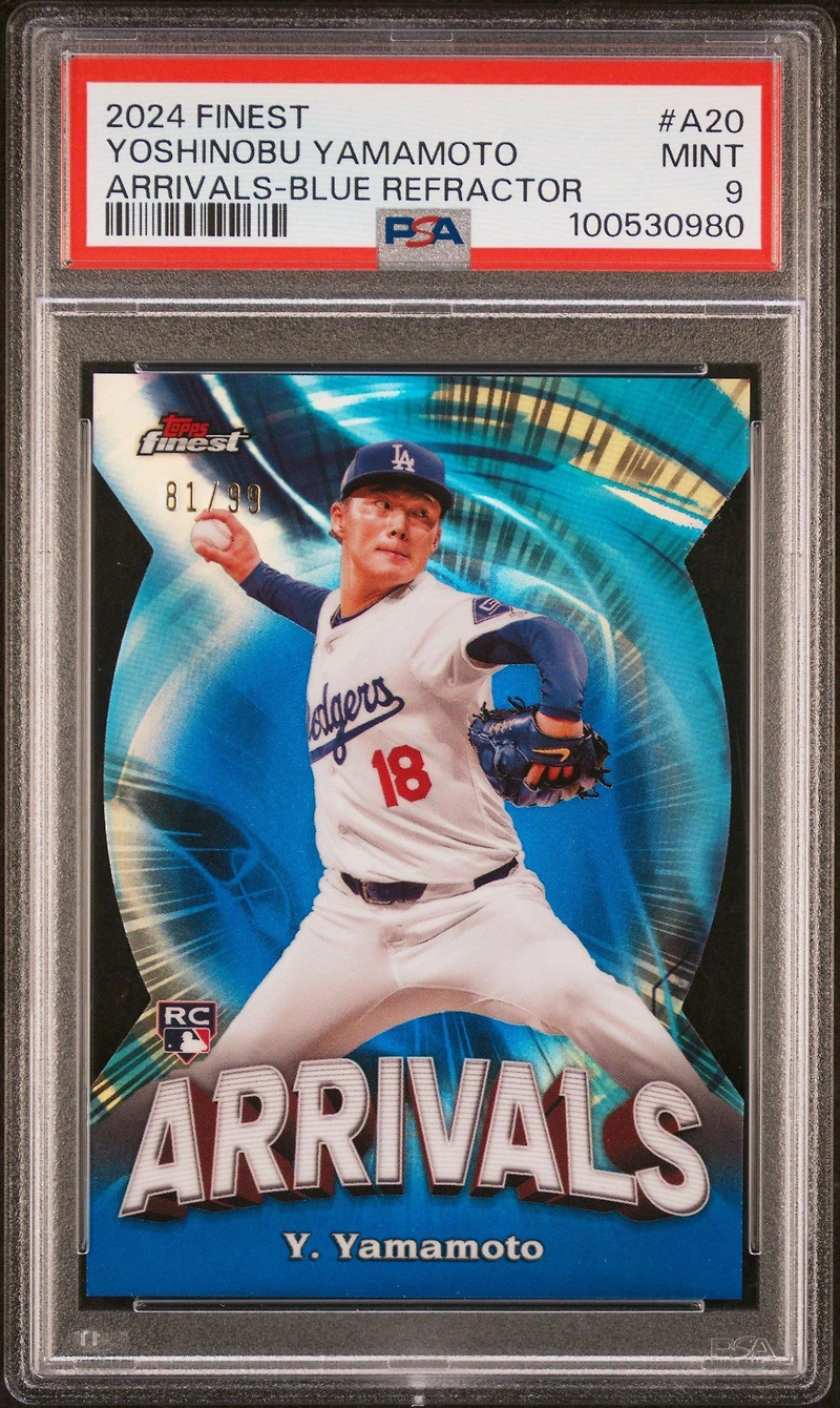 2024 Topps Finest Arrivals A20 Yoshinobu Yamamoto Blue Refractor PSA 9
