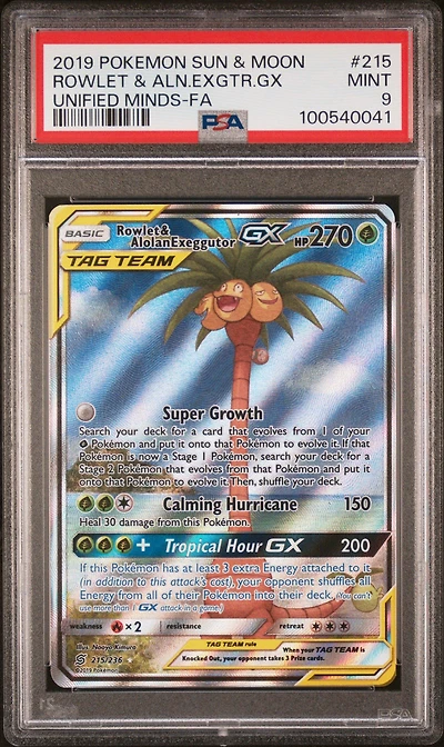 2019 Pokemon Sun & Moon Unified Minds 215 Full Art/rowlet & Alolan Exeggutor Gx PSA