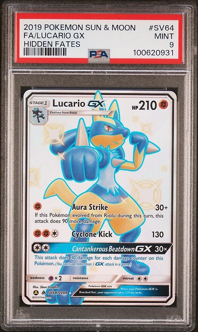 2019 Pokemon Sun & Moon Hidden Fates Sv64 Full Art/lucario Gx PSA