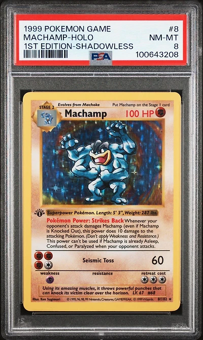 1999 Pokemon Game 8 Machamp-holo 1st Edition-shadowless PSA 8