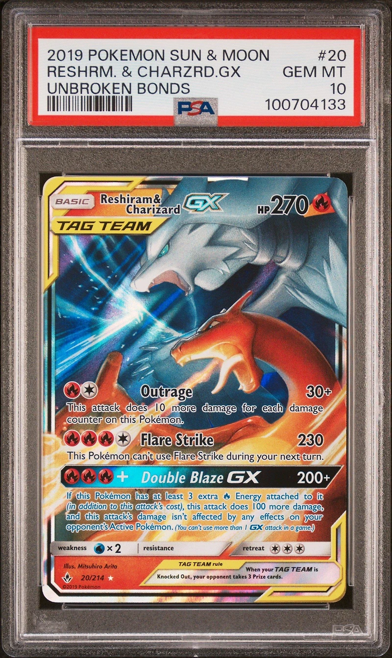 2019 Pokemon Sun & Moon Unbroken Bonds 20 Reshiram & Charizard Gx PSA
