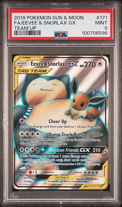 2019 Pokemon Sun & Moon Team Up 171 Full Art/eevee & Snorlax Gx PSA