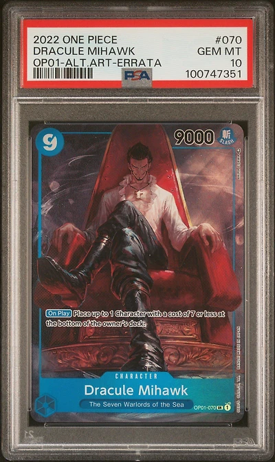 2022 One Piece Romance Dawn 070 Dracule Mihawk Alternate Art-errata PSA 10