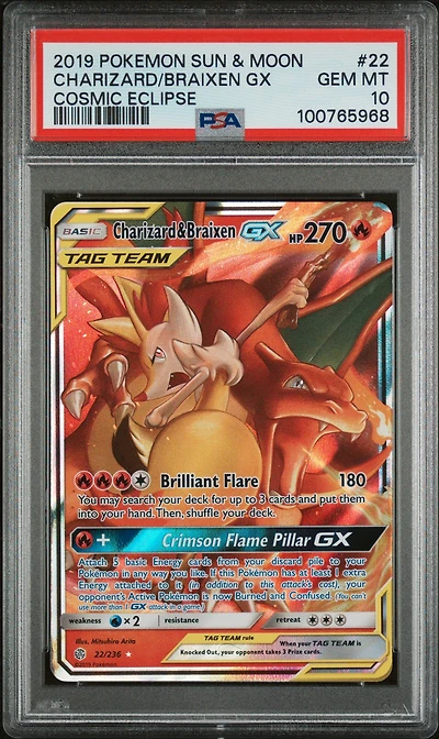 2019 Pokemon Sun & Moon Cosmic Eclipse 22 Charizard & Braixen Gx PSA