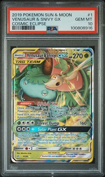2019 Pokemon Sun & Moon Cosmic Eclipse Venusaur & Snivy Gx PSA