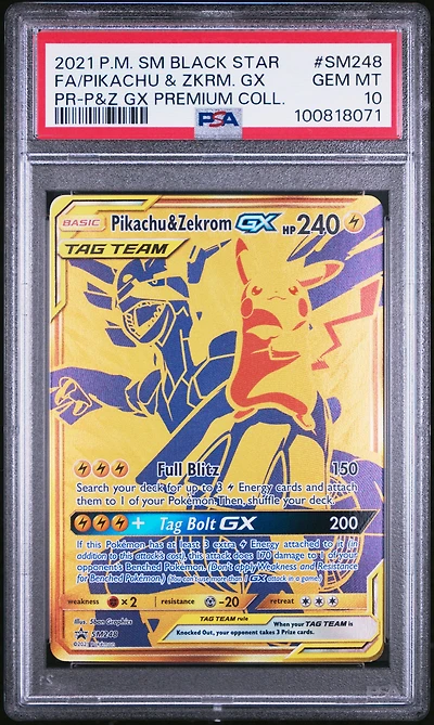 2021 Pokemon Sm Black Star Promo Sm248 Full Art/pikachu & Zekrom Gx Pikachu & Zekrom Gx Premium Collection PSA
