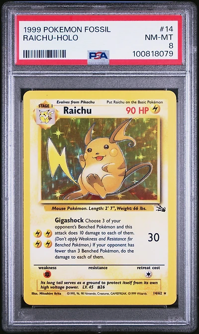 1999 Pokemon Fossil 14 Raichu-holo PSA
