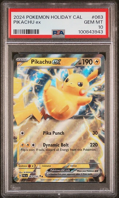 2024 Pokemon Holiday Calendar 063 Pikachu Ex PSA 10