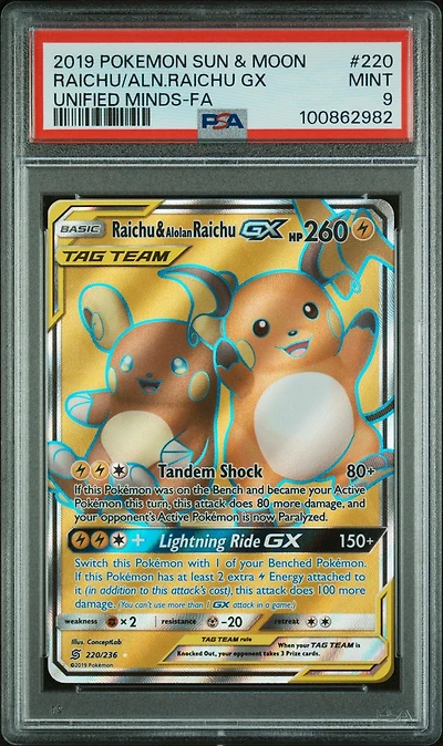 2019 Pokemon Sun & Moon Unified Minds 220 Full Art/raichu & Alolan Raichu Gx PSA