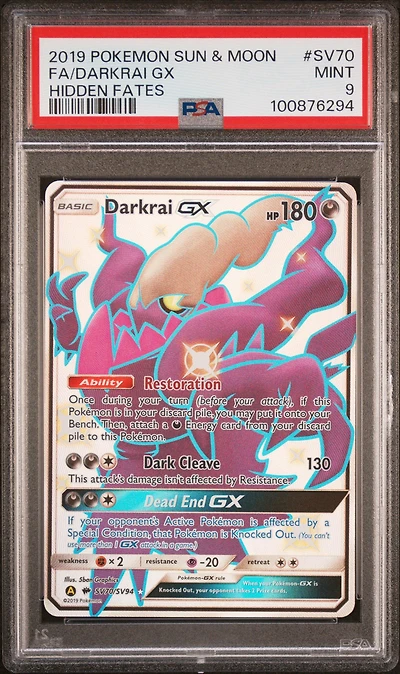 2019 Pokemon Sun & Moon Hidden Fates Sv70 Full Art/darkrai Gx PSA
