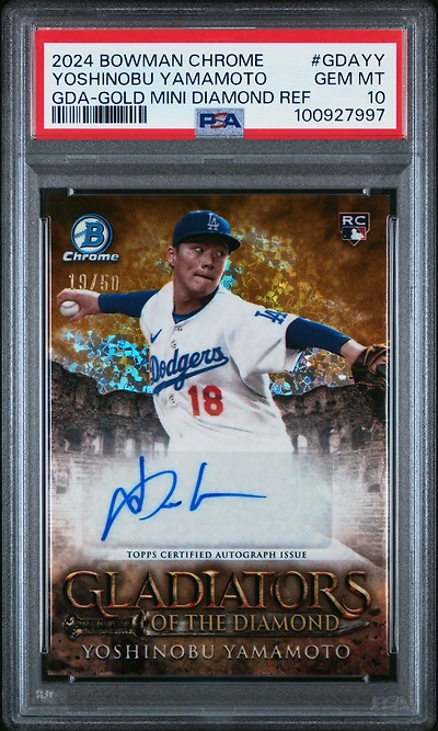 2024 Bowman Chrome Gladiators Of The Diamond Autographs Gdayy Yoshinobu Yamamoto Gold Mini Diamond Refractor PSA 10