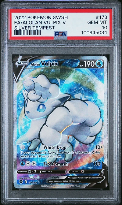 2022 Pokemon Sword & Shield Silver Tempest 173 Full Art/alolan Vulpix V PSA