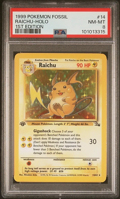 1999 Pokemon Fossil 14 Raichu-holo 1st Edition PSA