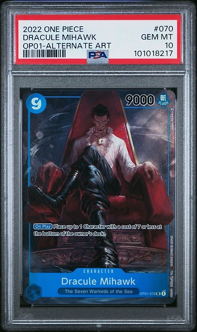 2022 One Piece Romance Dawn 070 Dracule Mihawk Alternate Art PSA 10