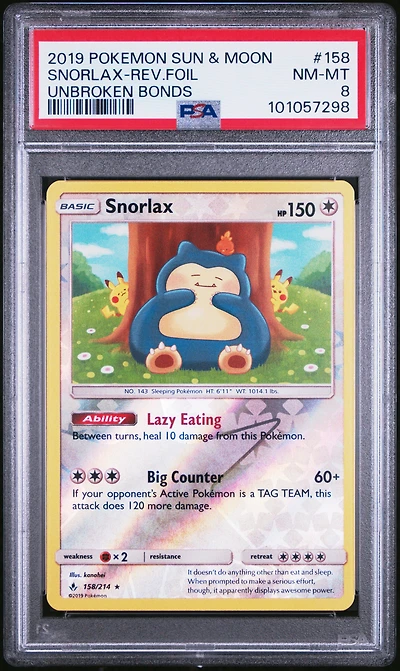 2019 Pokemon Sun & Moon Unbroken Bonds 158 Snorlax-reverse Foil PSA