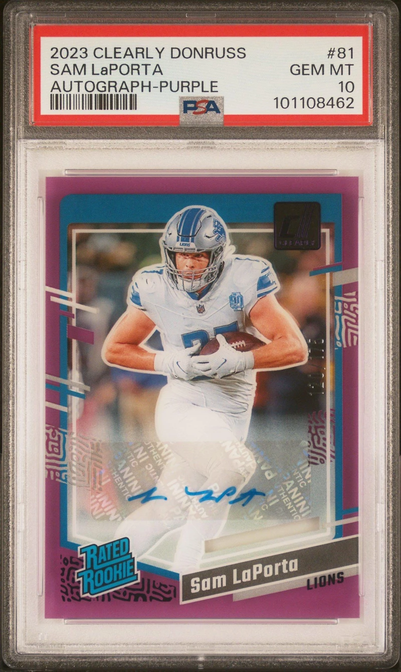 2023 Panini Clearly Donruss 81 Sam Laporta Autograph-purple PSA 10