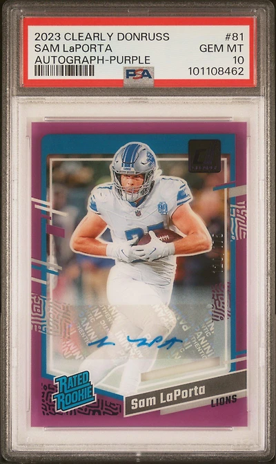 2023 Panini Clearly Donruss 81 Sam Laporta Autograph-purple PSA 10