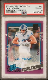 2023 Panini Clearly Donruss 81 Sam Laporta Autograph-purple PSA 10