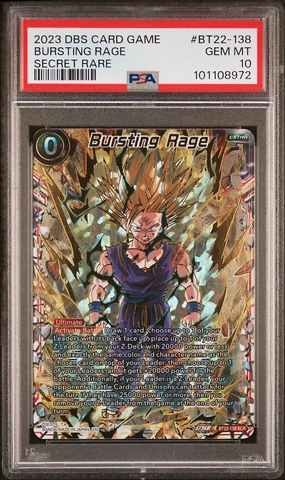 2023 Dragon Ball Super Card Game Series 22 Critical Blow Bt22-138 Bursting Rage Secret Rare PSA 10
