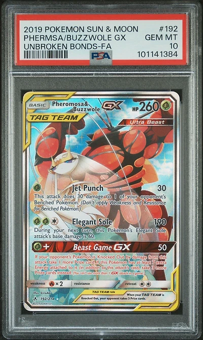 2019 Pokemon Sun & Moon Unbroken Bonds Full Art/pheromosa & Buzzwole Gx PSA 10