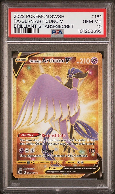 2022 Pokemon Sword & Shield Brilliant Stars 181 Full Art/galarian Articuno V Secret PSA