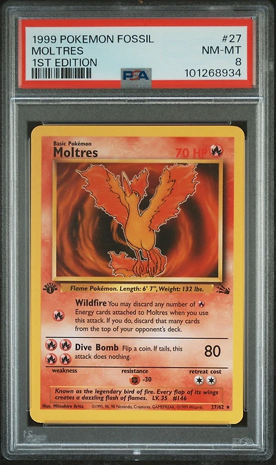 1999 Pokemon Fossil 27 Moltres 1st Edition PSA 8