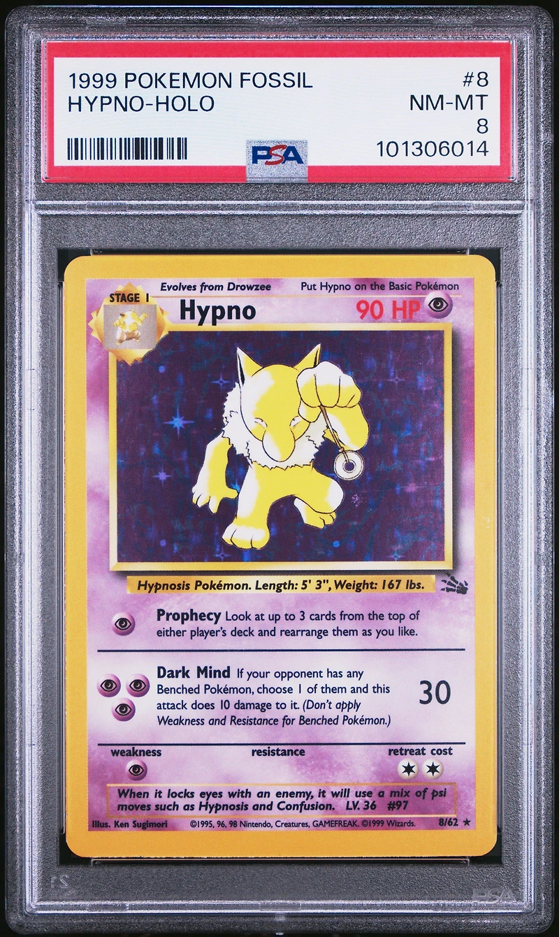 1999 Pokemon Fossil 8 Hypno-holo PSA 8