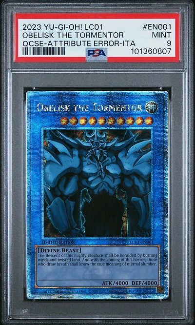2023 Yu-gi-oh! Lc01-legendary Collection: 25th Anniversary Edition En001 Obelisk The Tormentor Quarter Century Secret Rare-attribute Error-italian PSA