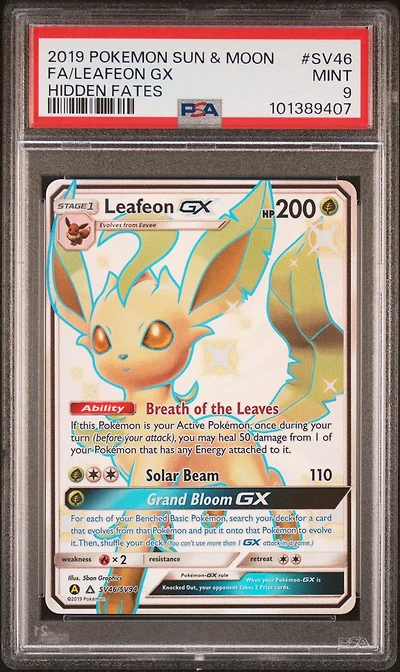 2019 Pokemon Sun & Moon Hidden Fates Sv46 Full Art/leafeon Gx PSA