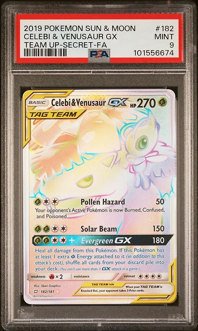 2019 Pokemon Sun & Moon Team Up 182 Full Art/celebi & Venusaur Gx Secret PSA 9
