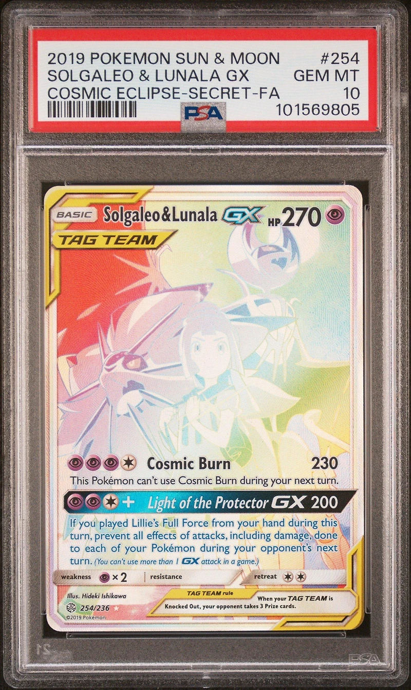 2019 Pokemon Sun & Moon Cosmic Eclipse 254 Full Art/solgaleo & Lunala Gx Secret PSA