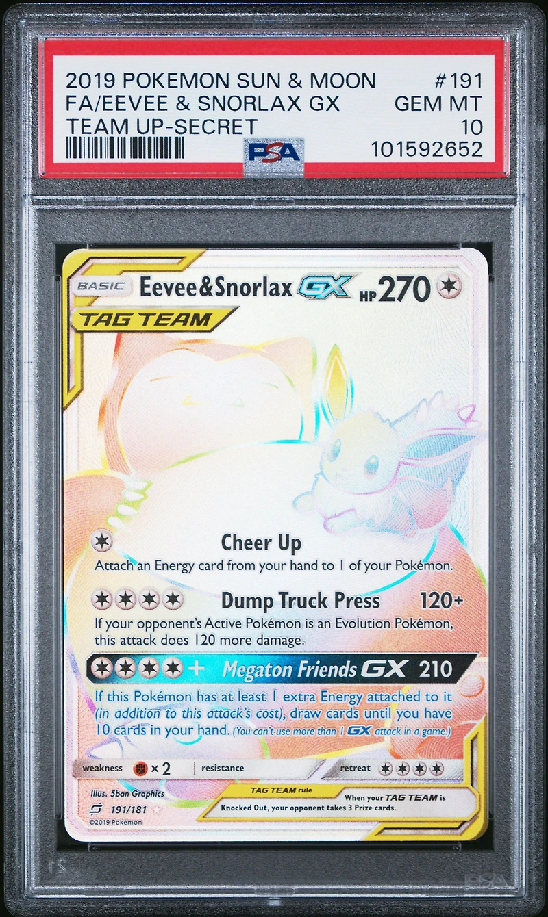 2019 Pokemon Sun & Moon Team Up 191 Full Art/eevee & Snorlax Gx Secret PSA