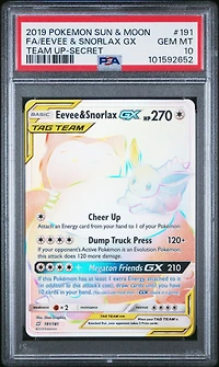 2019 Pokemon Sun & Moon Team Up 191 Full Art/eevee & Snorlax Gx Secret PSA