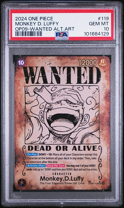 2024 One Piece Op09-emperors In The New World 119 Monkey D. Luffy Wanted Alternate Art PSA