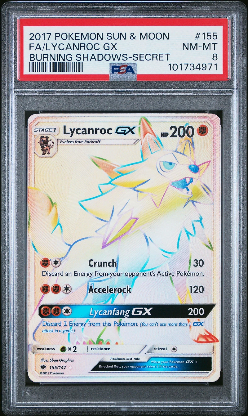 2017 Pokemon Sun & Moon Burning Shadows 155 Full Art/lycanroc Gx Secret PSA