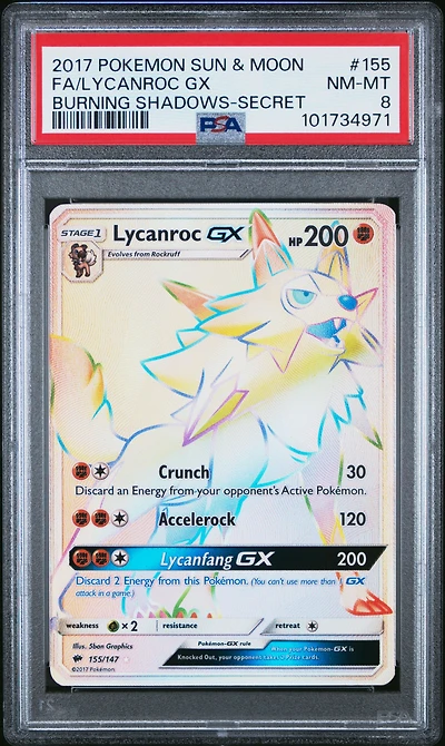 2017 Pokemon Sun & Moon Burning Shadows 155 Full Art/lycanroc Gx Secret PSA