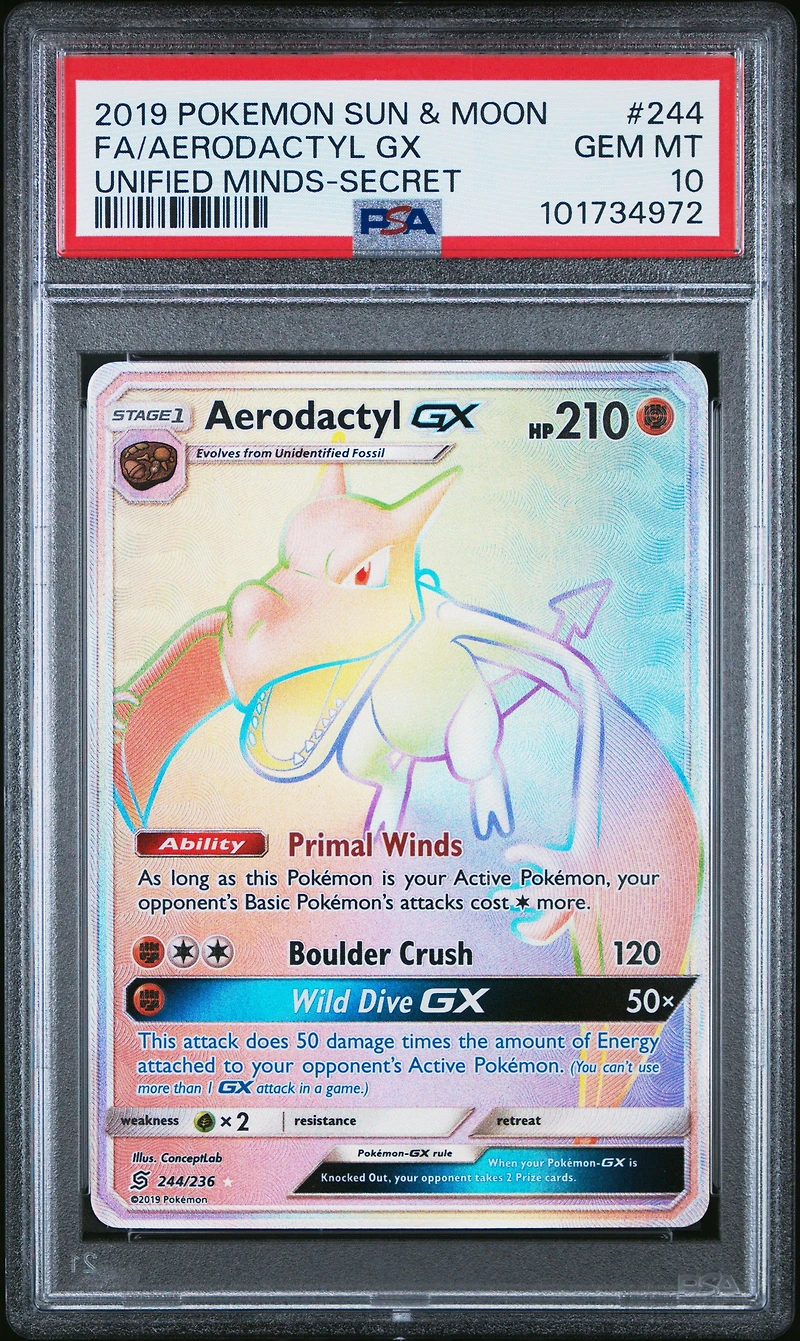 2019 Pokemon Sun & Moon Unified Minds 244 Full Art/aerodactyl Gx Secret PSA 10