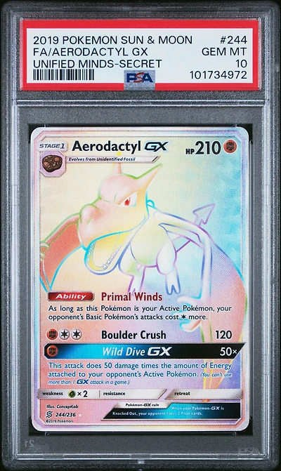 2019 Pokemon Sun & Moon Unified Minds 244 Full Art/aerodactyl Gx Secret PSA 10