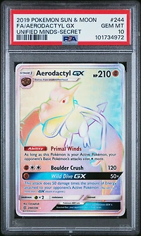 2019 Pokemon Sun & Moon Unified Minds 244 Full Art/aerodactyl Gx Secret PSA 10