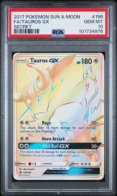 2017 Pokemon Sun & Moon 156 Full Art/tauros Gx Secret PSA
