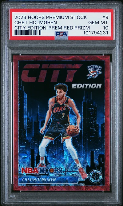 2023 Panini Hoops Premium Stock City Edition 9 Chet Holmgren Premium Red Prizm PSA 10