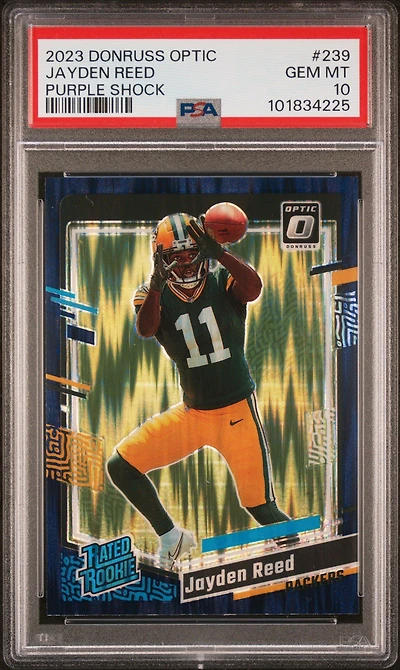 2023 Panini Donruss Optic 239 Jayden Reed Purple Shock PSA 10