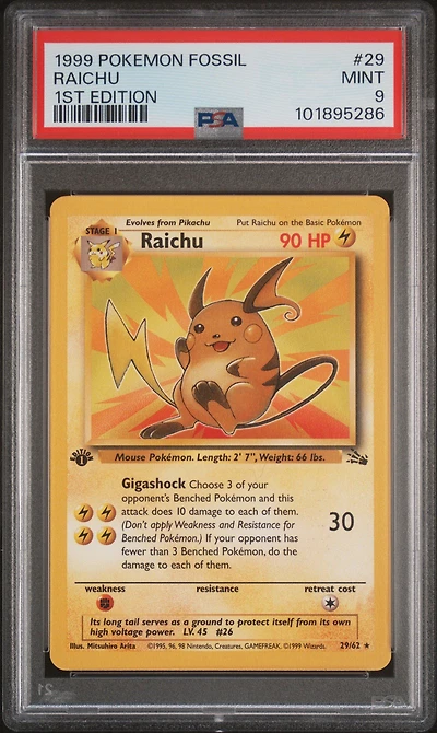 1999 Pokemon Fossil 29 Raichu 1st Edition PSA