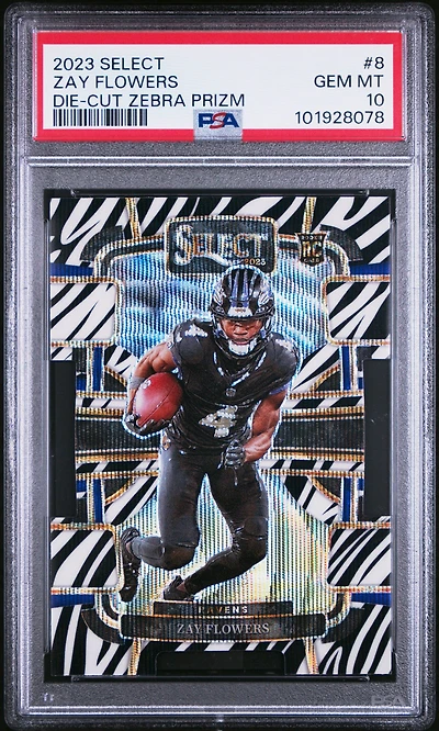 2023 Panini Select 8 Zay Flowers Die-cut Zebra Prizm PSA 10