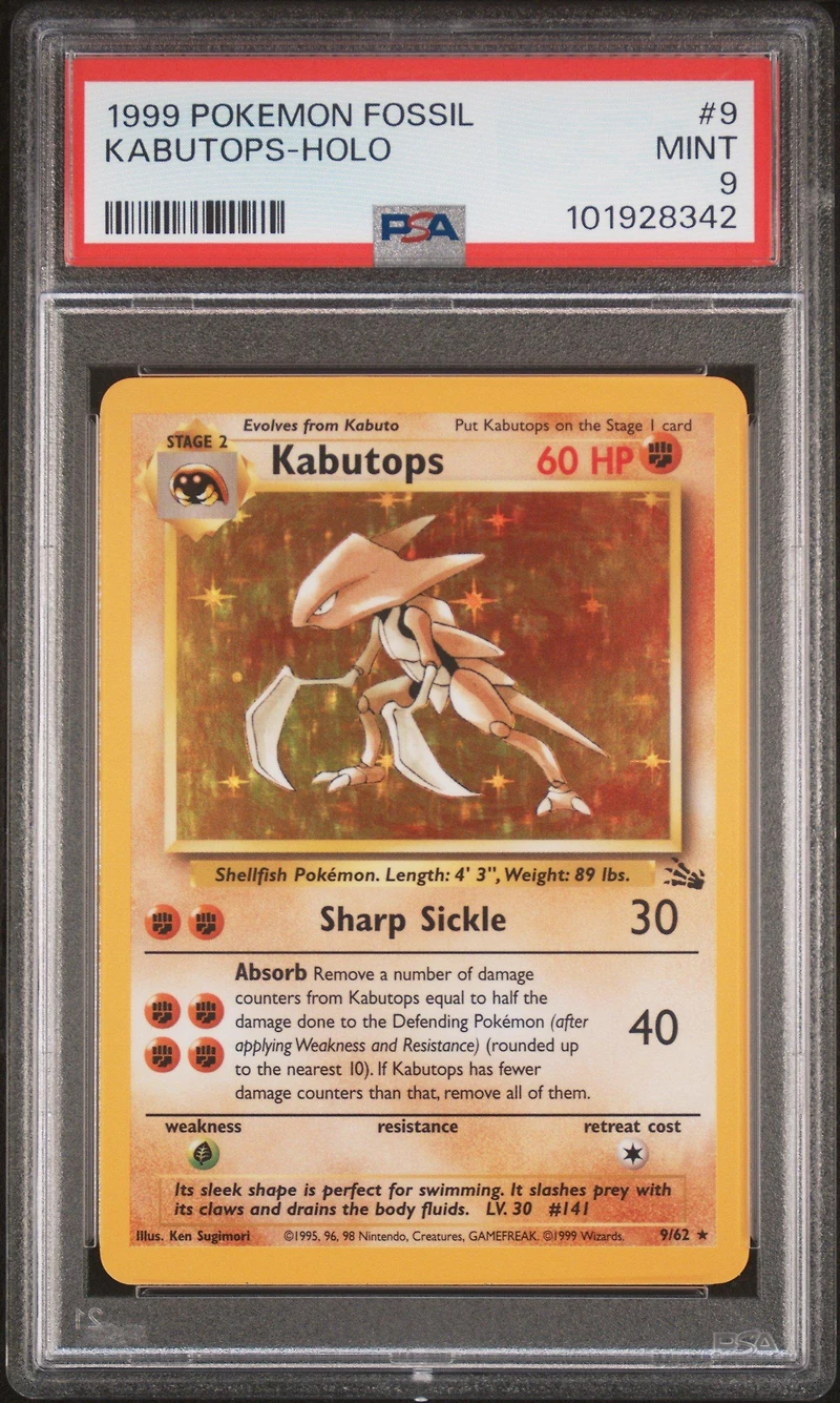 1999 Pokemon Fossil 9 Kabutops-holo PSA 9