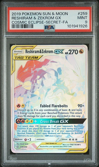 2019 Pokemon Sun & Moon Cosmic Eclipse 259 Full Art/reshiram & Zekrom Gx Secret PSA